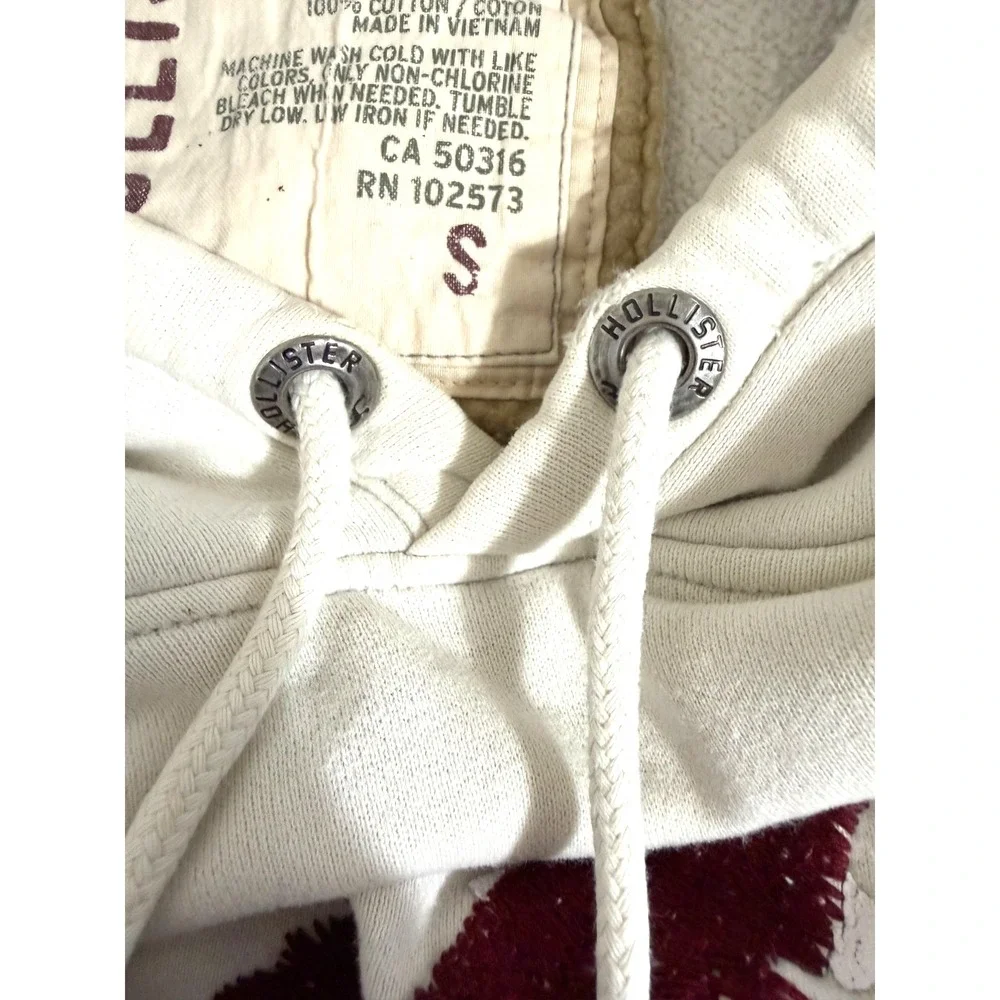 Y2K Hollister Men's Small Vintage Distressed Off White Heavy Weight Logo Hoodie